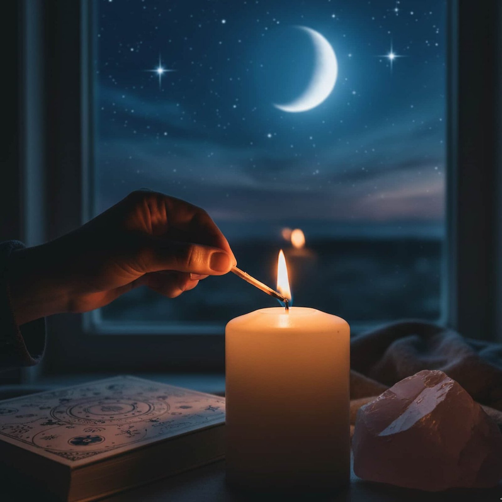 A person lighting a candle near a window with a crescent moon to manifest love and soulmate intentions for 2026.