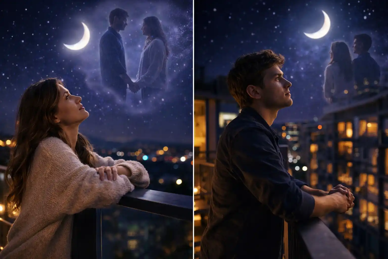 Candid couple emotional connection under 2026 moon phase soulmate test background, spiritual manifestation and lunar alignment.