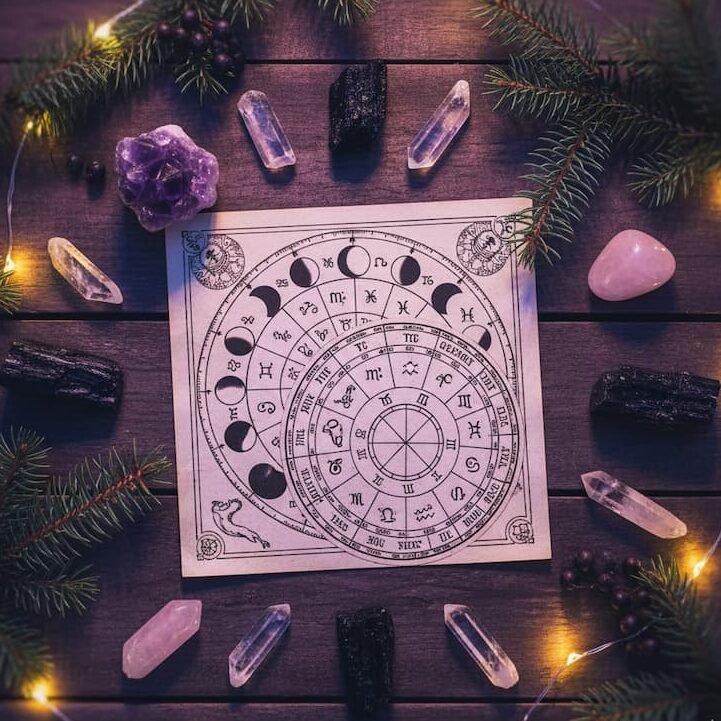 A detailed lunar calendar chart surrounded by healing crystals and pine branches for decoding soulmate signs.
