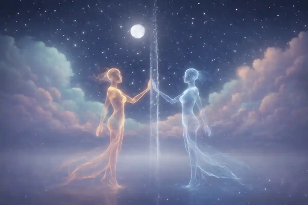 Two glowing figures reflecting each other, illustrating the mirror soul effect of emotional intelligence in manifestation.