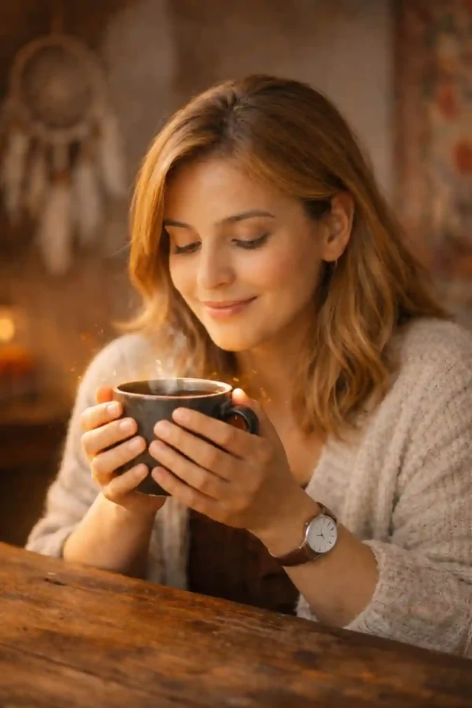 A calm woman holding a coffee cup, representing the peace required for emotional intelligence in manifestation.