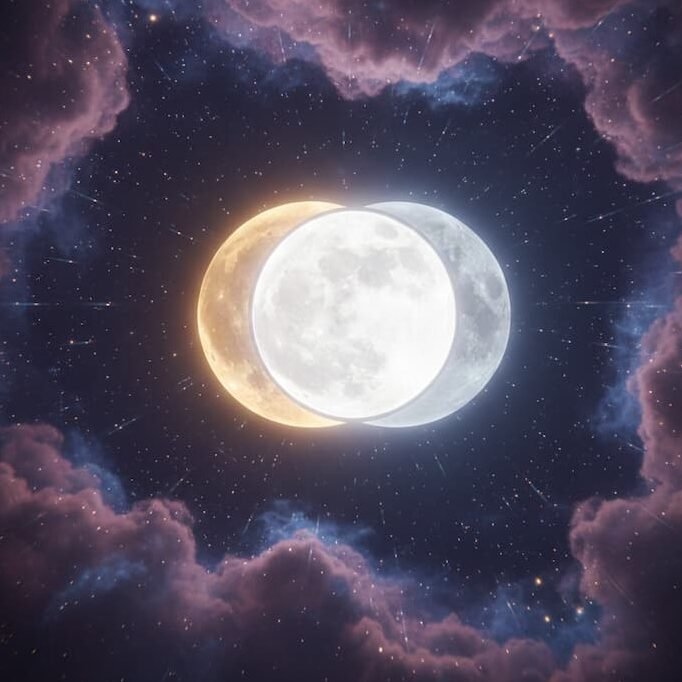 Two different moon phases overlapping to form a perfect full moon for soulmate compatibility.