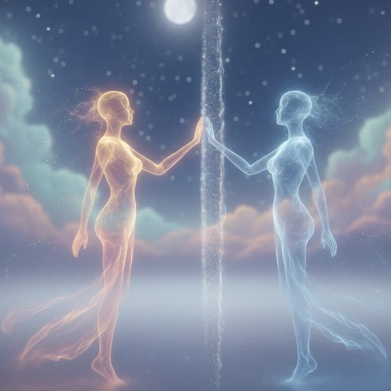 Two glowing figures reflecting each other, illustrating the mirror soul effect of emotional intelligence in manifestation.