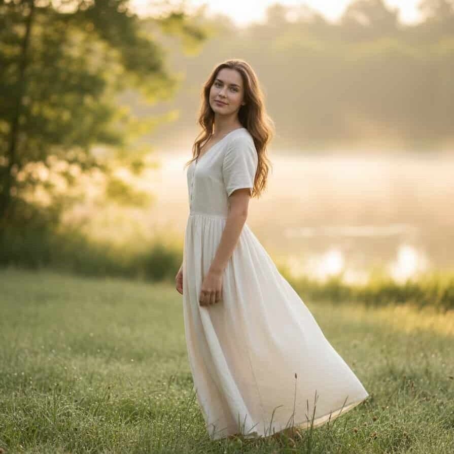 : A peaceful woman in a green field, showing the high-level emotional intelligence in manifestation needed to be a "ready vessel."