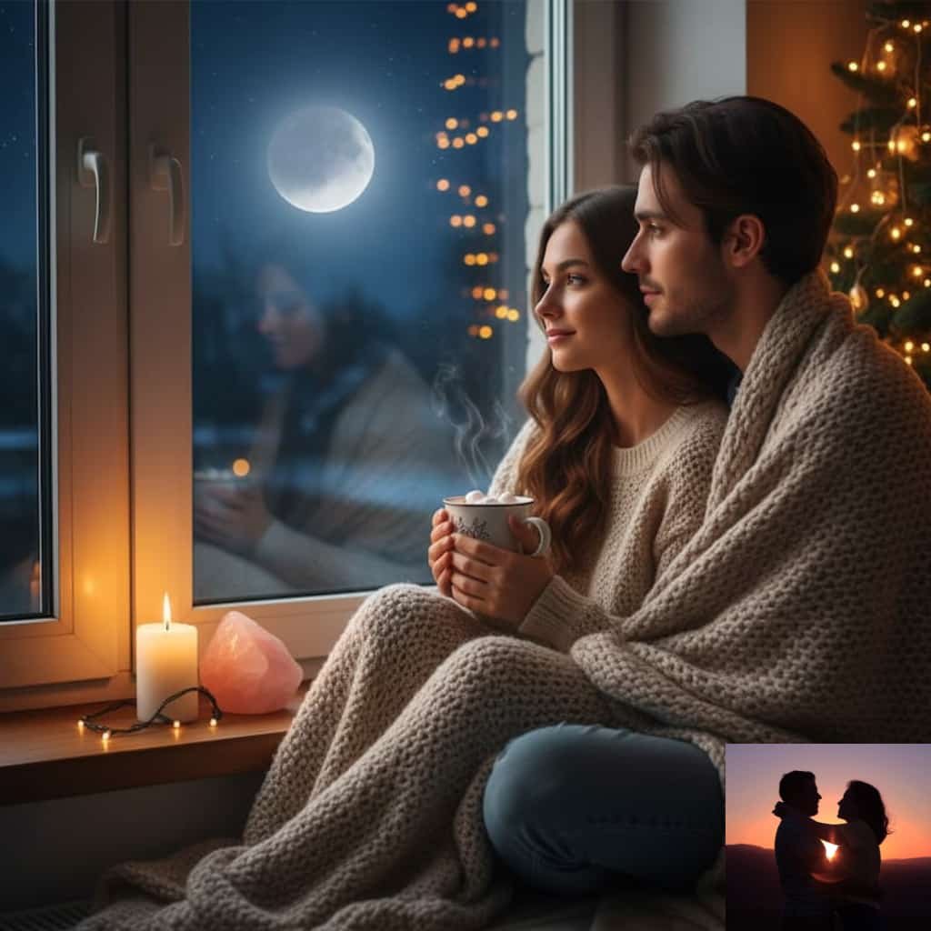 A cozy couple sitting by a window under the moon, performing the viral moon phase soulmate test for 2026.