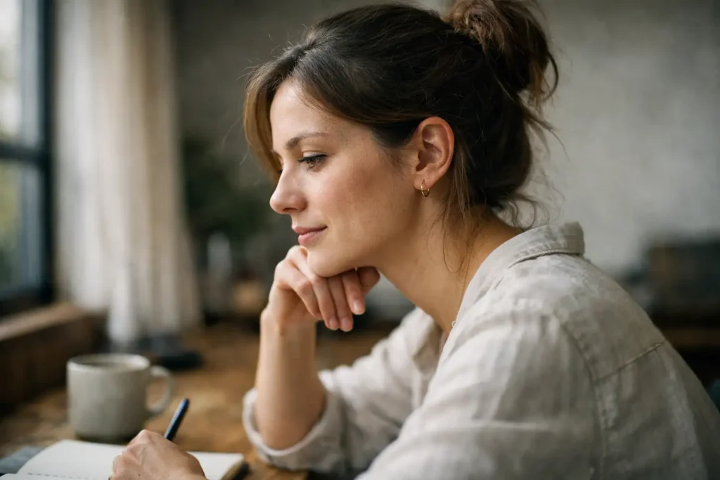 Focused woman sitting at a desk practicing mental conditioning through the 777 manifestation method