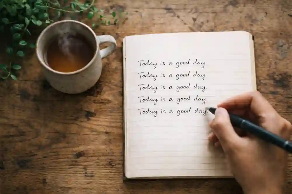 A handwritten journal showing the 777 manifestation method repetition process on a wooden table.