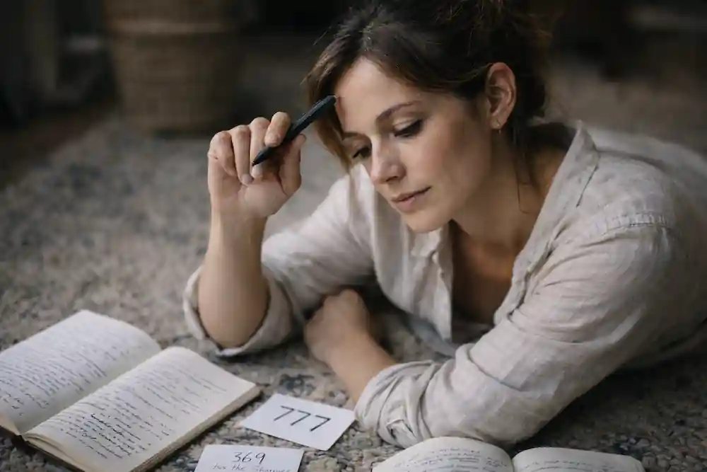 A thoughtful woman comparing the written structures of the 777 manifestation method and the 369 manifestation method.