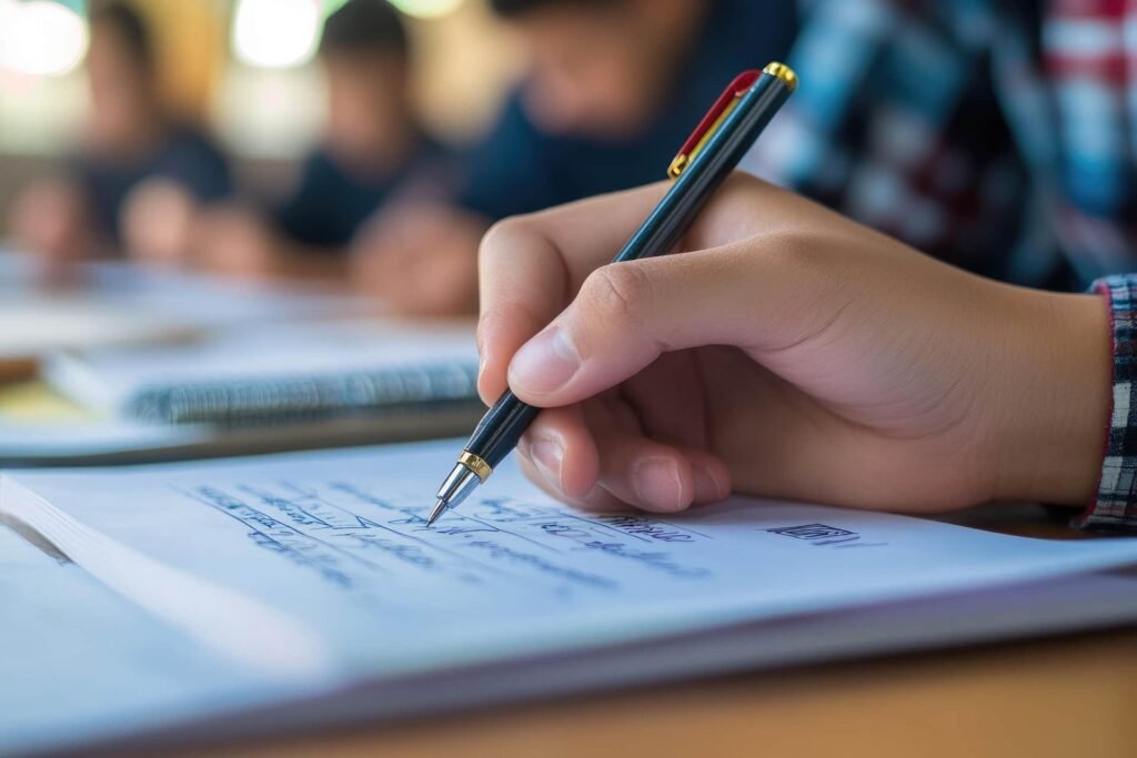 A beautiful journal with a blue pen and crystals for practicing Quantum Jumping Scripting.