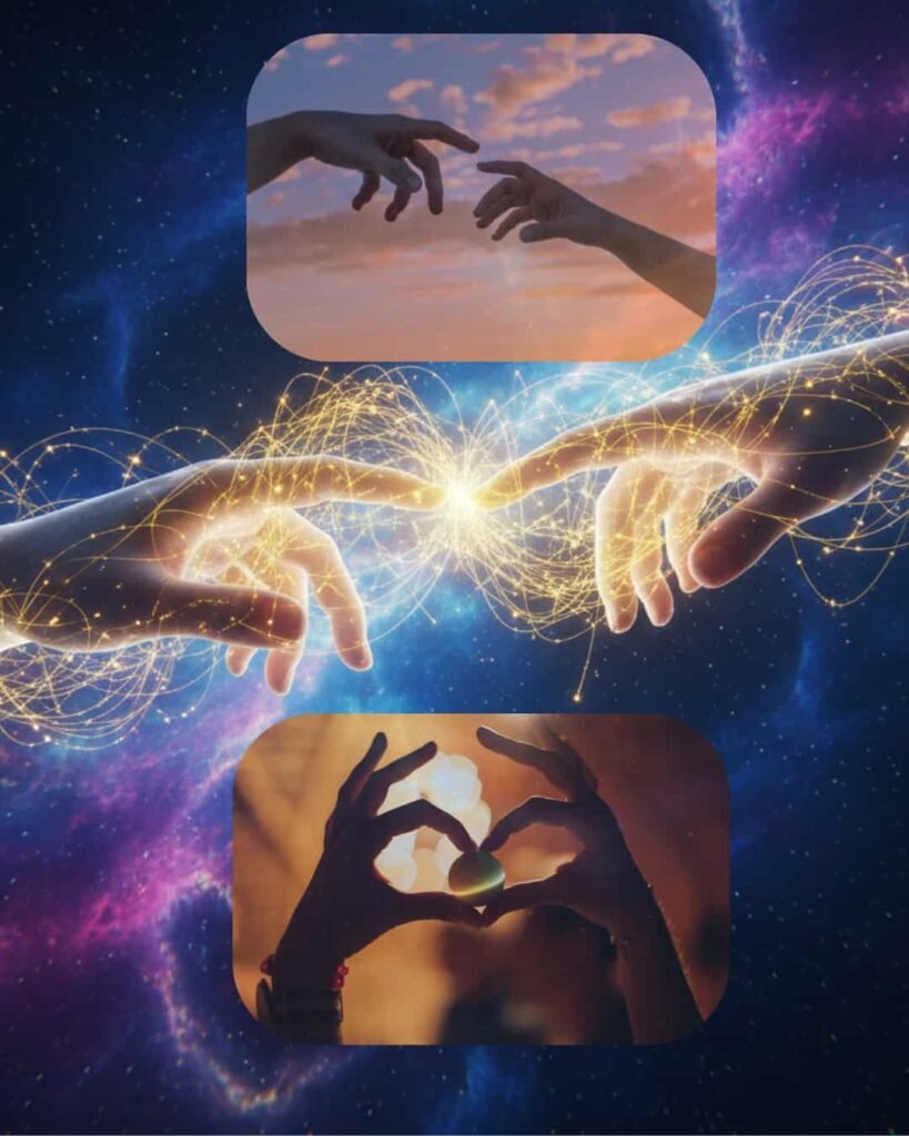 Two hands connecting through golden energy threads representing quantum jumping for love and soulmate entanglement.