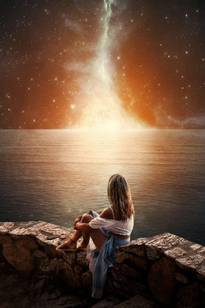 A woman sitting by the ocean looking at a glowing 2026 reality portal for Quantum Jumping Scripting.