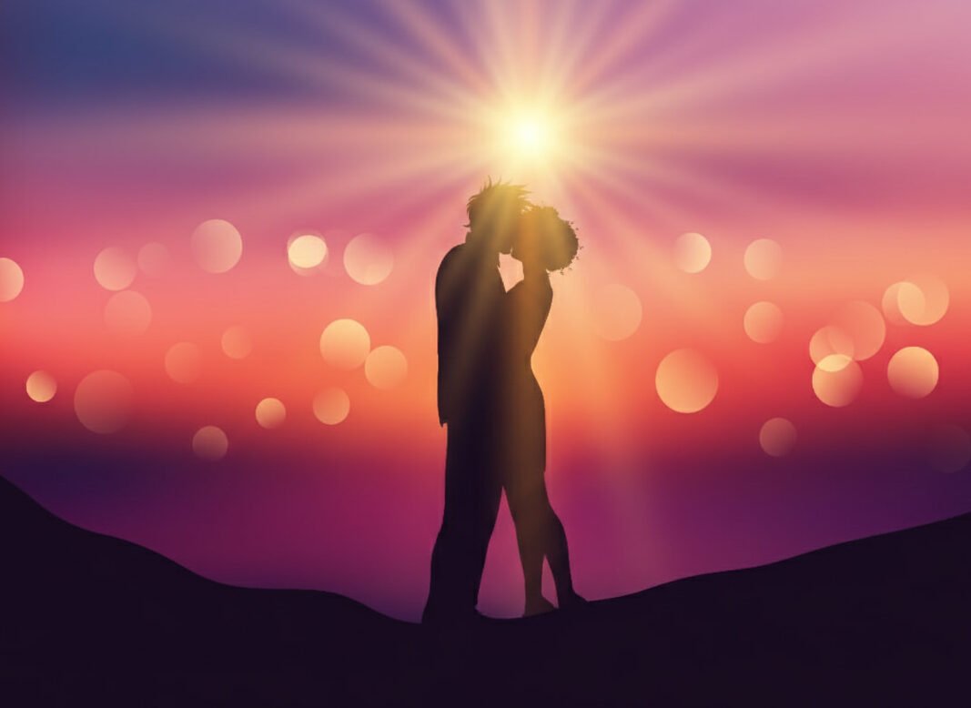 A couple holding hands during a golden sunset after successful Quantum Jumping Scripting.