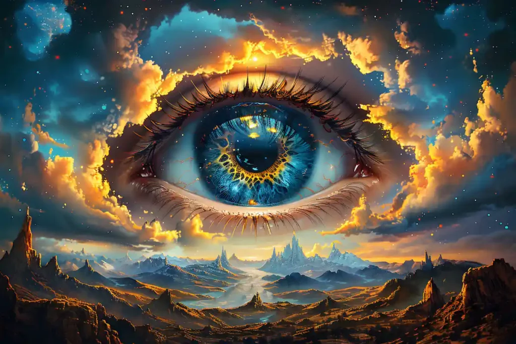 A visionary eye representing the quantum observer effect in scripting manifestation.