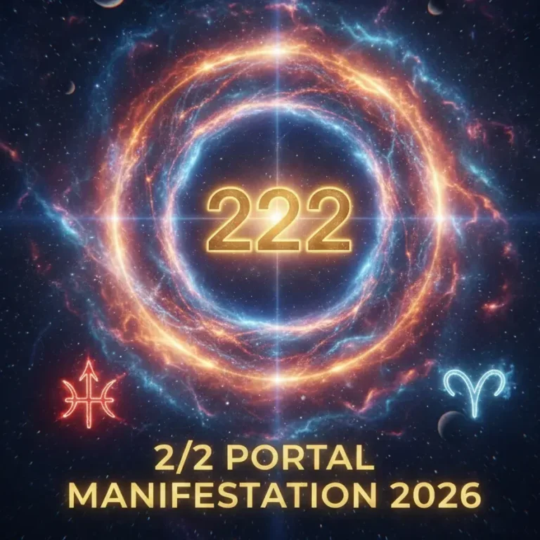 A celestial portal with glowing 222 numerical frequency for 2/2 Portal Manifestation 2026.