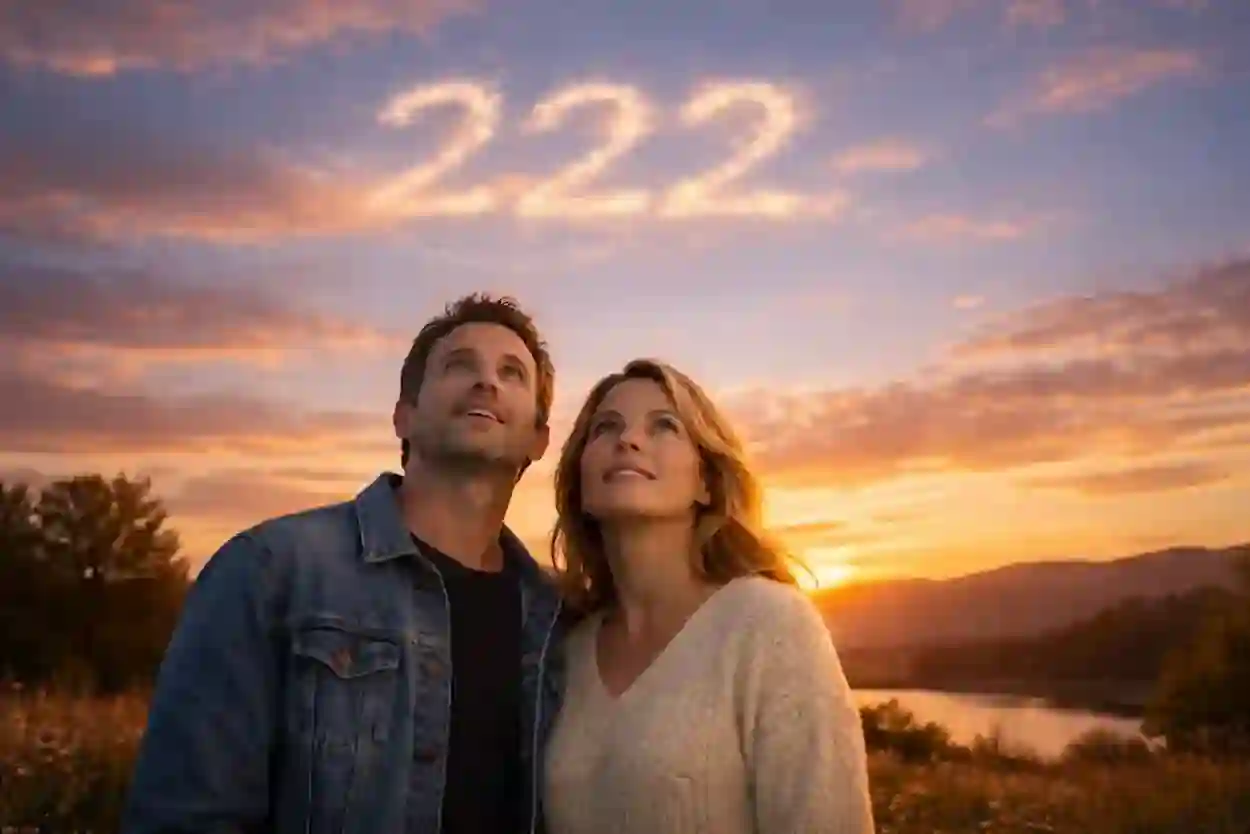 A woman and man experiencing 222 angel number manifestation during golden hour photography.
