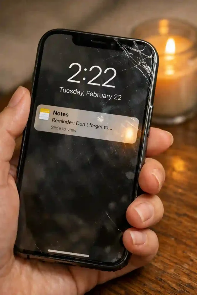 A feminine hand holding a phone showing 222 and performing shadow work for women.
