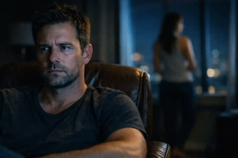 A worried man realizing the 222 portal aftermath and frequency gap in his relationship.
