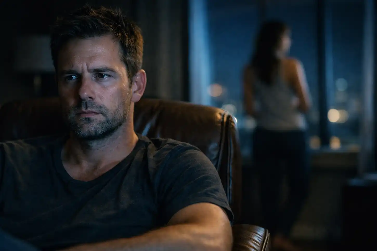 A worried man realizing the 222 portal aftermath and frequency gap in his relationship.