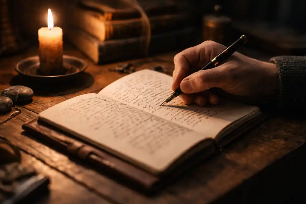 Someone writing in a journal by candlelight, performing the 777 manifestation method for Neptune in Aries 2026.