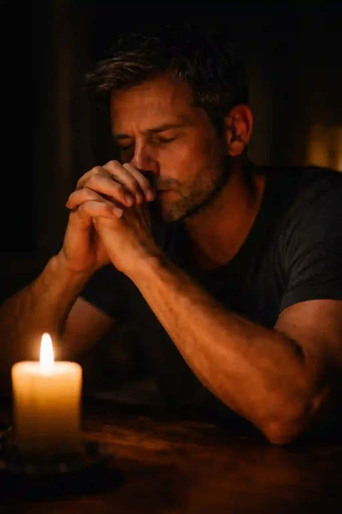 A man performing a 777 manifestation method ritual to stop the frequency leak.
