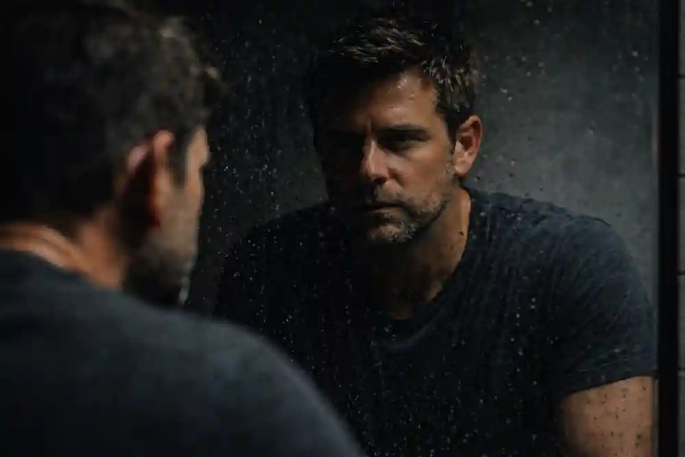 A man looking into a mirror, symbolizing shadow work and decoding female psychology.