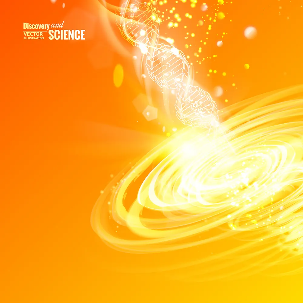 A glowing DNA helix spiraling into a zero-point energy vortex for quantum manifestation.