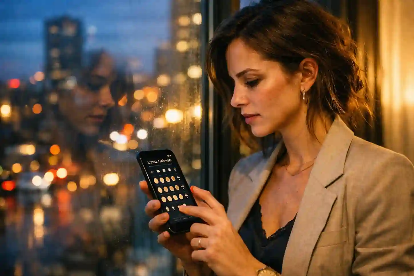 A high-authority woman analyzing her Moon Phase Soulmate Test for Women results for a frequency match.