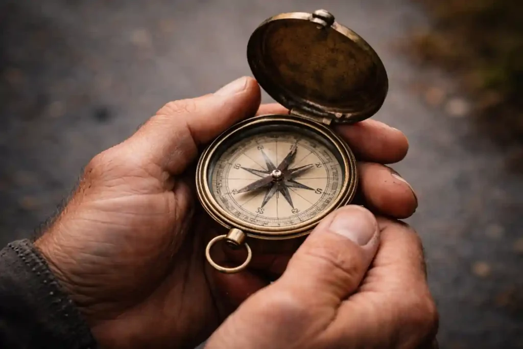 A candid close-up of a manâs hands holding a compass that is spinning wildly under the Neptune in Aries 2026 influence.