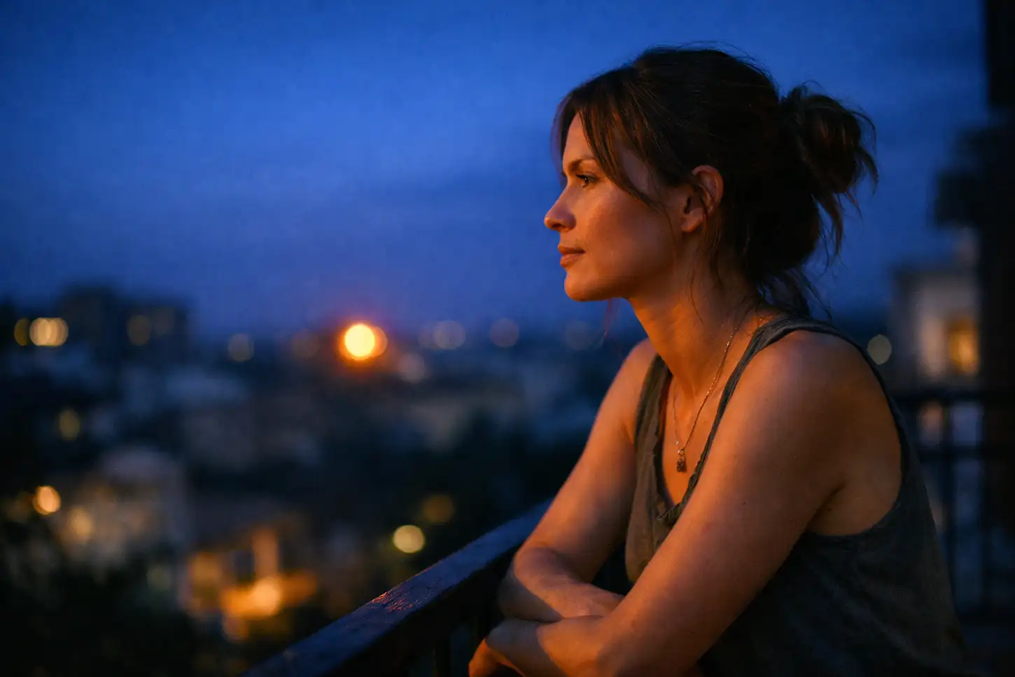 A high-quality candid shot of a person looking at the horizon during the blue hour, feeling the Neptune in Aries 2026 energy.