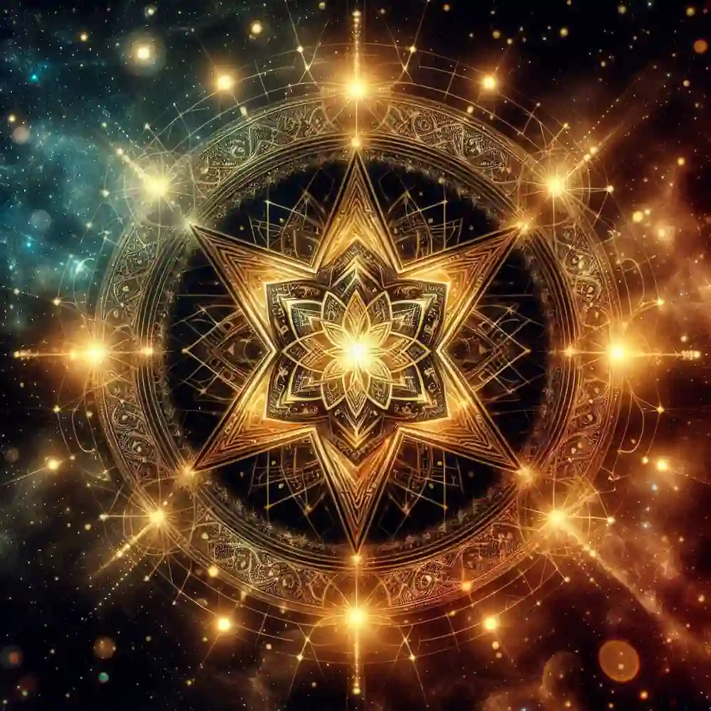 Intricate golden sacred geometry star representing the universal source code of 2/2 manifestation.