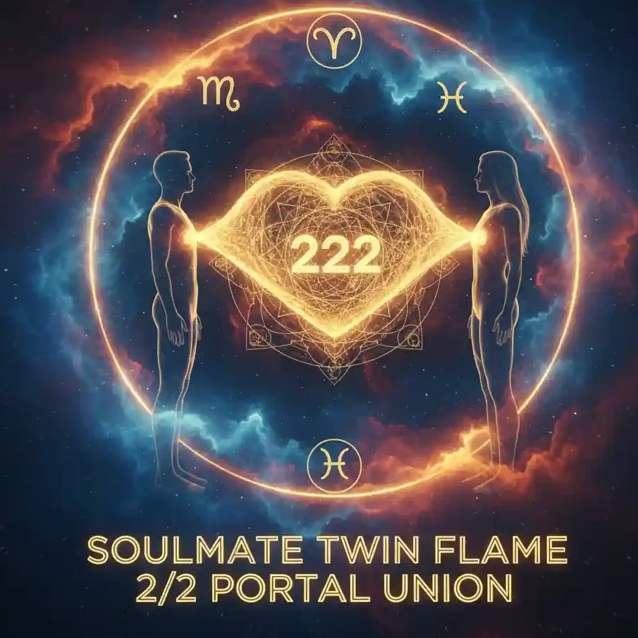 Two soulmate silhouettes connected by a heart-centered energy bridge during the 2/2 portal.