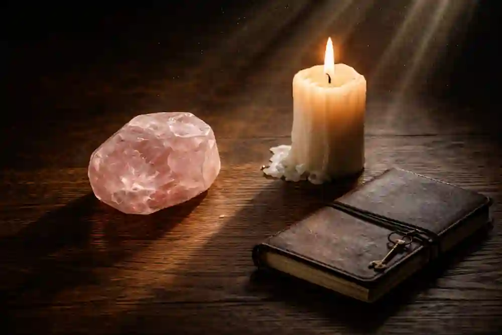 An overhead shot of a wooden table with a rose quartz, a candle, and a journal, guiding a 777 manifestation challenge.