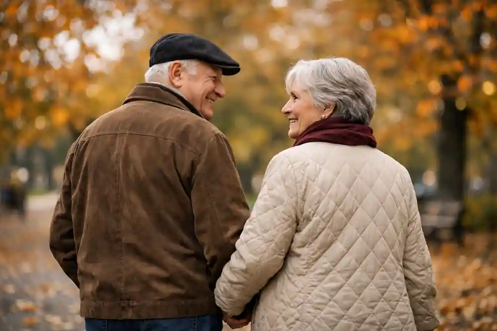 A happy senior couple enjoying a walk, reflecting the results of powerful love affirmations for 777 method.