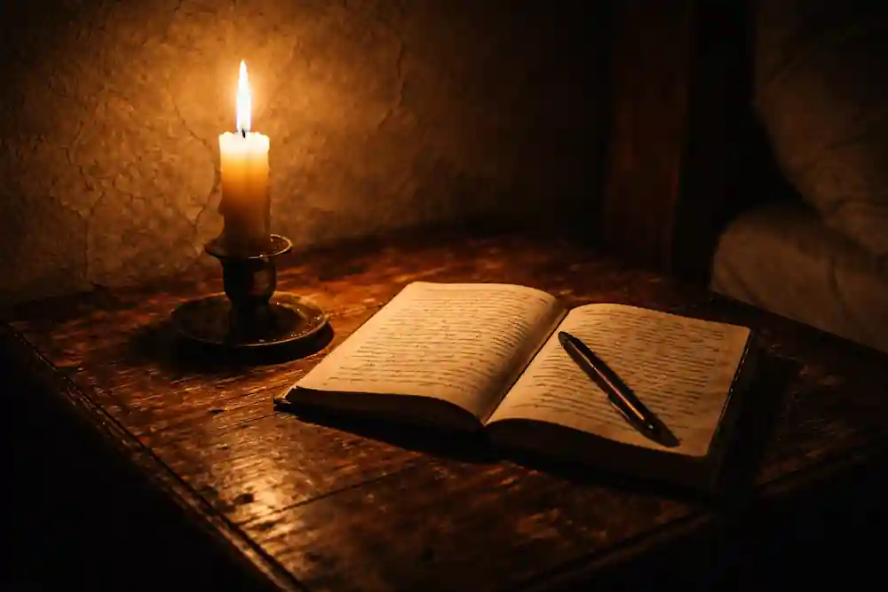Dimly lit, grainy photo of a bedside table with a journal and candle for the 777 manifestation for crush night ritual