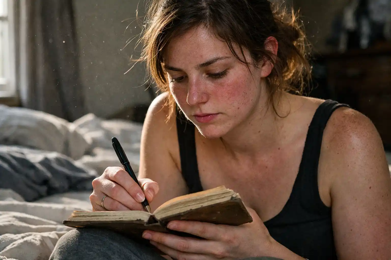 A raw, unedited photo of a young woman practicing the 777 manifestation for crush in a notebook with visible paper texture.