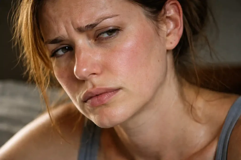 A candid, gritty photo of a woman feeling the Day 4 resistance while trying a 777 manifestation for love, a common pattern found in 777 manifestation success stories.