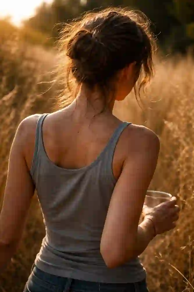 A raw photograph of a woman walking in a field, symbolizing emotional detachment and the success of the 777 manifestation method to manifest love.