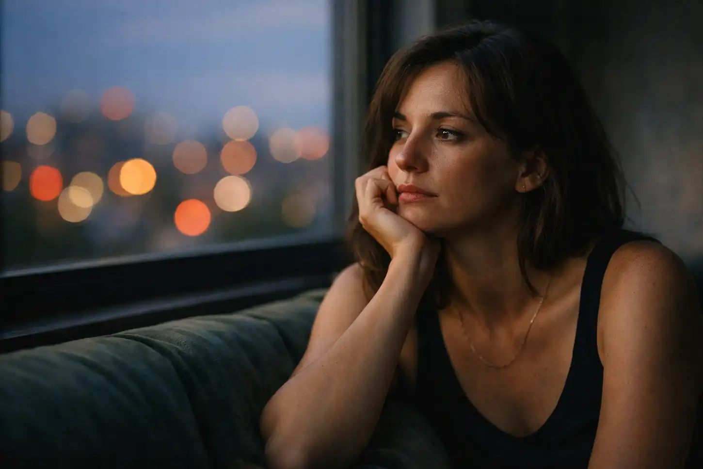 A reflective woman sitting alone at dusk, illustrating the emotional state before using the 777 manifestation method for ex back.