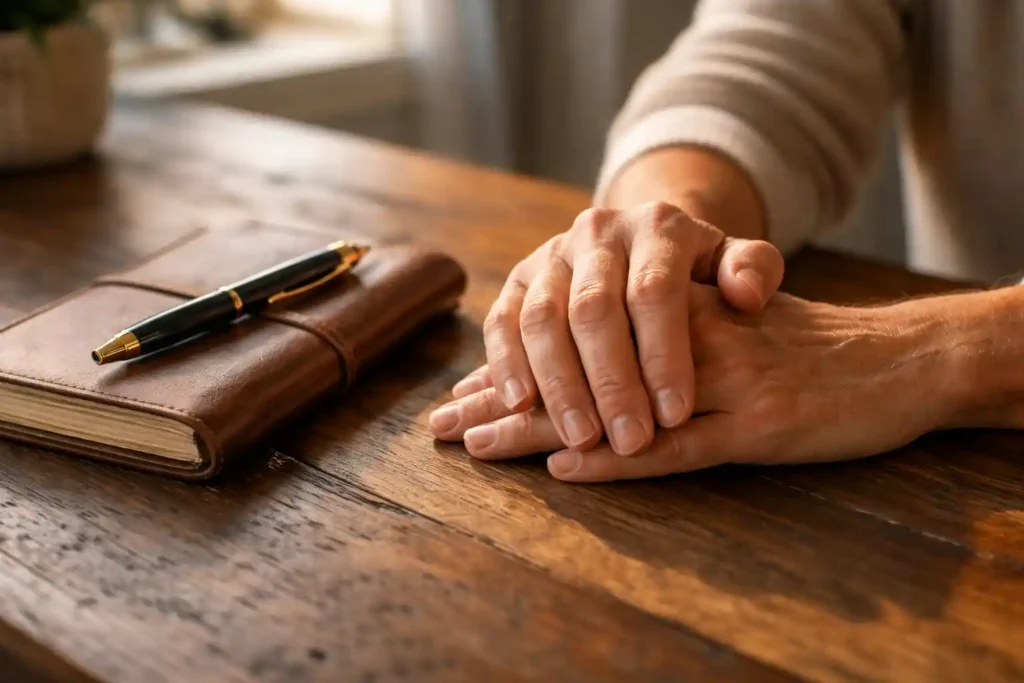 Hands of a middle-aged adult writing powerful love affirmations for 777 method in a leather journal.