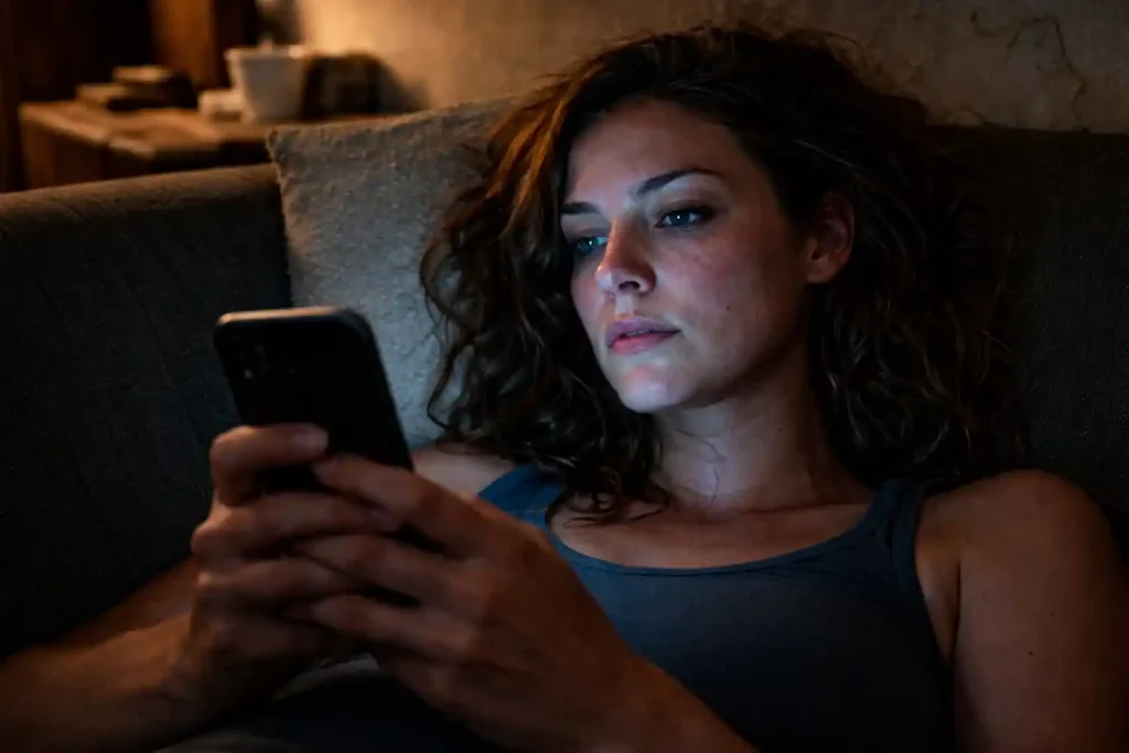 A candid photograph of a woman sitting peacefully on a couch, showing the 777 manifestation method for love and inner emotional safety.