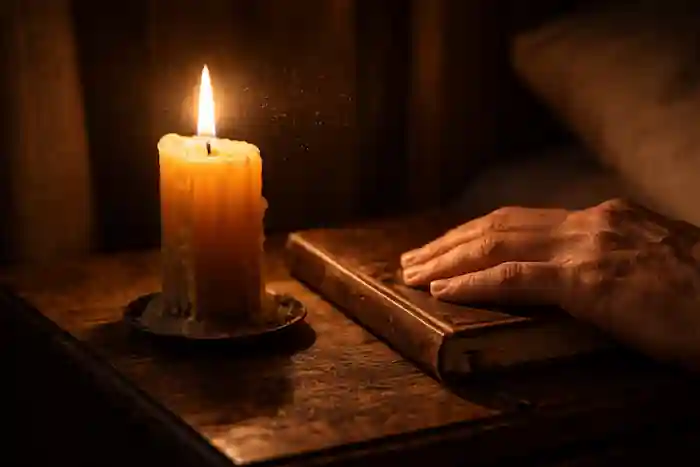 A raw photo of a lit candle and a notebook in a dark room, illustrating the theta state and 777 manifestation method for love.