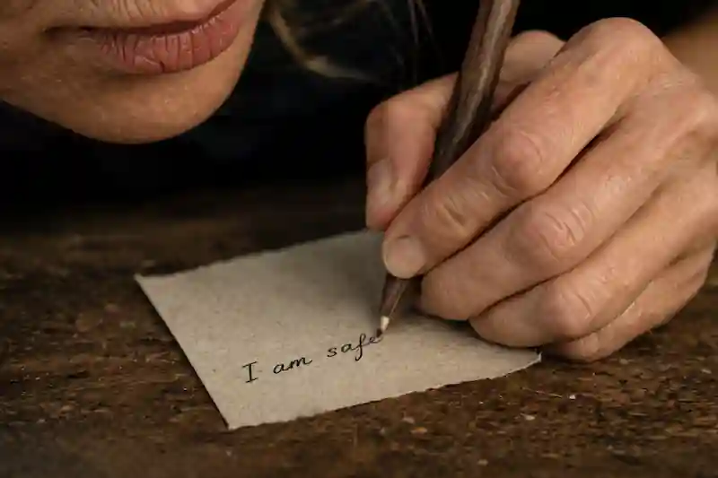 Extreme close-up of a hand writing affirmations on textured paper, focusing on the 777 manifestation method for marriage ritual.