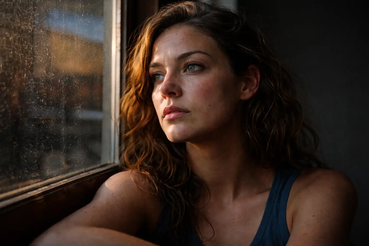 A raw photograph of a woman looking out a window at dusk, reflecting on 777 manifestation method for soulmate and emotional alignment.
