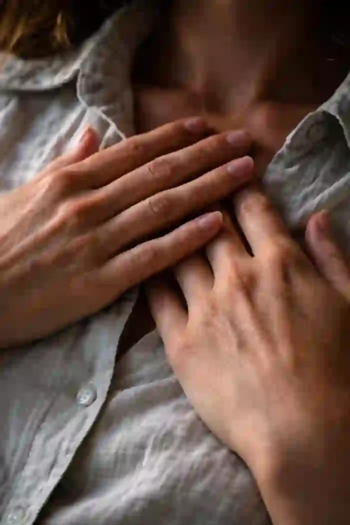 Raw photography of hands resting gently on a chest, depicting nervous system regulation and the 777 manifestation method for soulmate.
