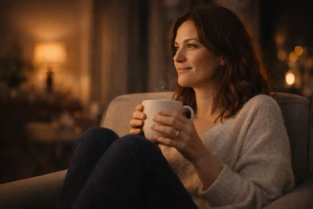 A woman sitting in a warm interior, experiencing a calm and reflective emotional shift after practicing the 777 manifestation method for a specific person.