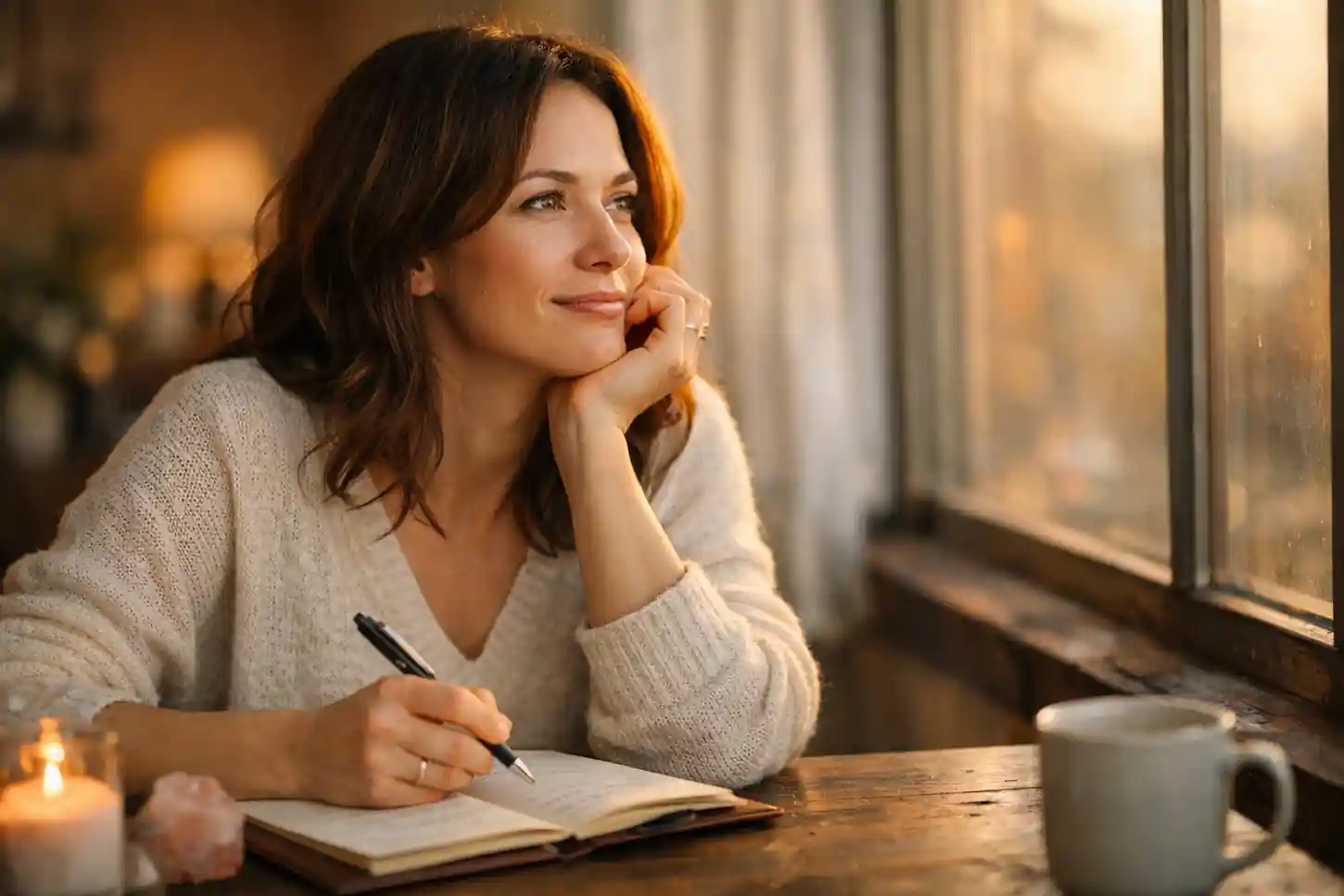 A thoughtful woman sitting at a desk during golden hour, focused on using the 777 manifestation method for a specific person.