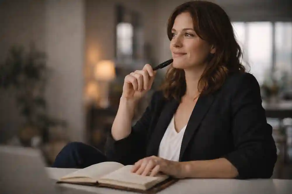 A 32-year-old woman radiating calm confidence and romantic clarity after practicing the 777 manifestation method for a specific person.