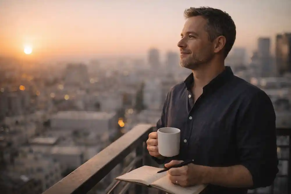 A 40-year-old man standing on a balcony at dawn, reflecting on inner peace after the 777 manifestation method for a specific person.