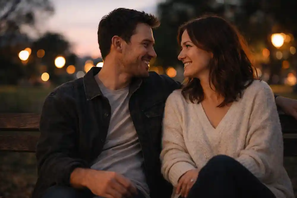 A couple sharing a genuine, laughing moment on a park bench, illustrating the goal of the 777 manifestation method for a specific person.