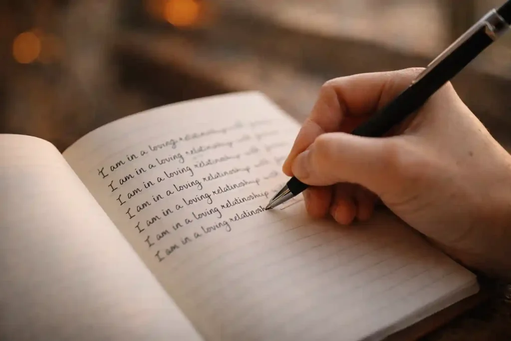 A close-up shot of a person's hand writing affirmations seven times for the 777 manifestation method for a specific person.